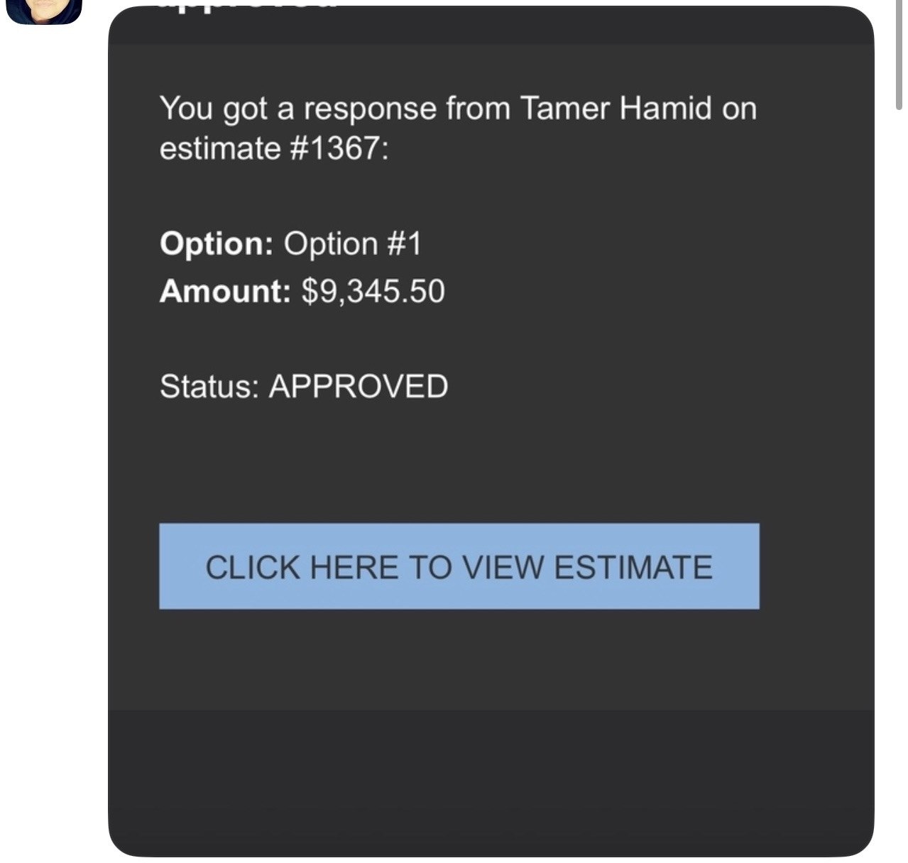 Estimate approved notification for $9,345.50